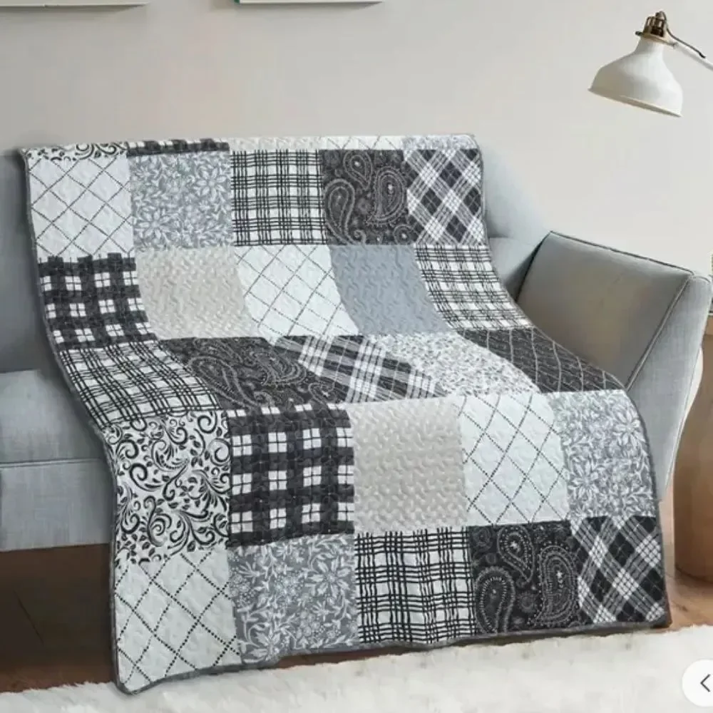 Paisley Patchwork Black Grey Printed Quilted Reversible Throw Blanket Farmhouse